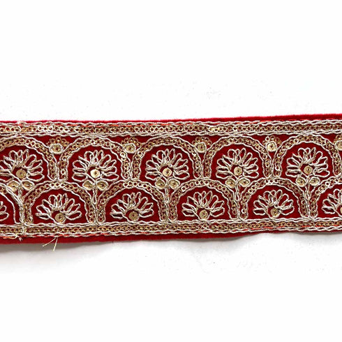 Red Velvet With Golden Zari Embroidered Border- ( 9mtr, Design_1 )