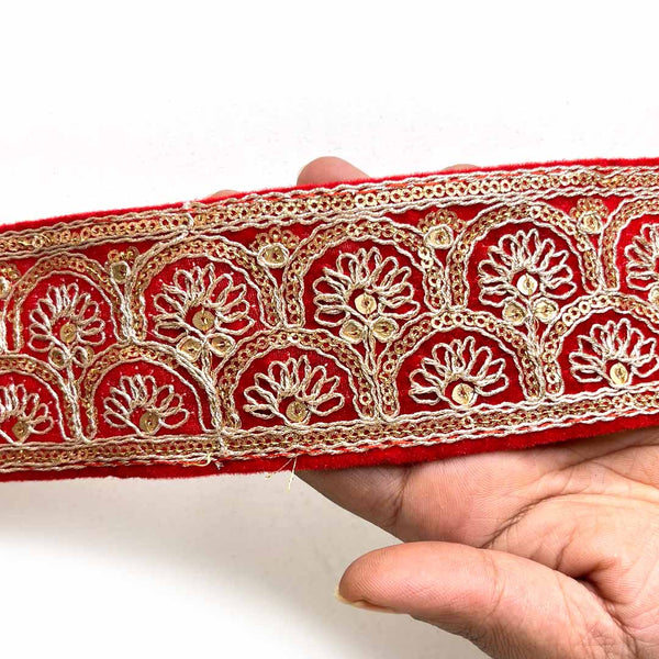 Red Velvet With Golden Zari Embroidered | Golden Zari Embroidered Border- ( 9mtr, Design_1 ) | Border | Red Velvet Zari Borders | Craft Shop India | Art Craft | Decoration | Laces Collection | Border Collection | Craft Making