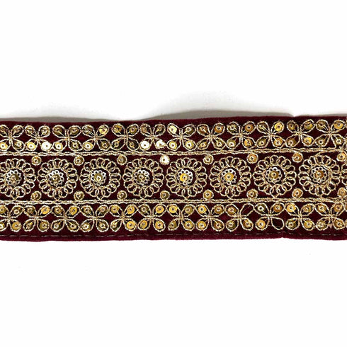 Maroon Velvet With Golden Zari Embroidered Border- ( 9mtr, Design_1 )