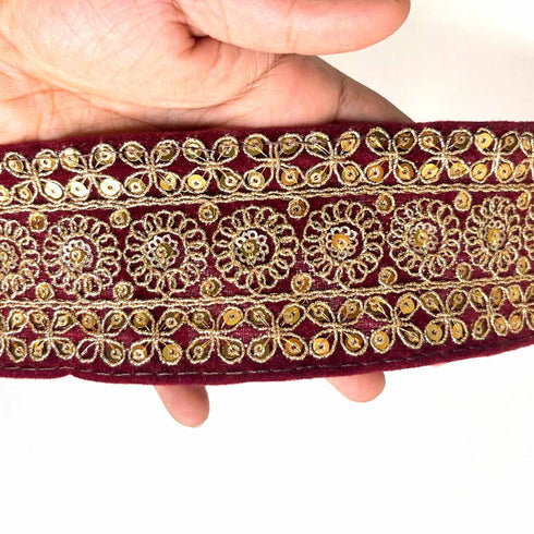 Maroon Velvet With Golden Zari Embroidered Border- ( 9mtr, Design_1 )