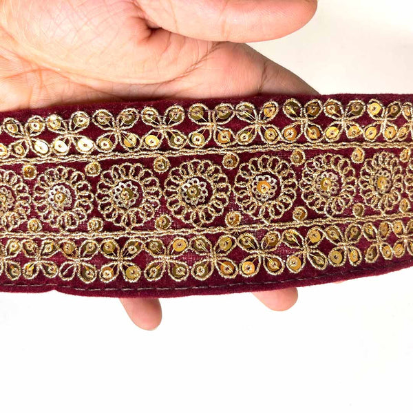 Maroon Velvet With Golden Zari Embroidered Border- ( 9mtr, Design_1 ) | Maroon Velvet With Golden Zari | Craft Shop India | Art Craft | Decoration | Laces Collection | Border Collection | Craft Making | craft shop india | india craft shop | craft shop |