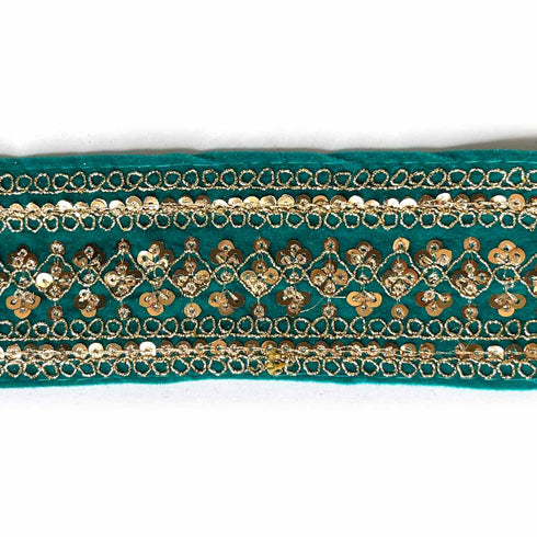 Teal Green Velvet With Golden Zari Embroidered Border- ( 9mtr, Design_1 )