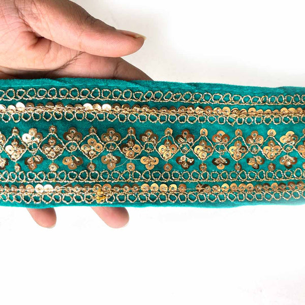 Teal Green Velvet With Golden Zari Embroidered Border- ( 9mtr, Design_1 ) | Teal Green Velvet | Teal Green Velvet With Golden Zari | Craft Shop India | Art Craft | Decoration | Laces Collection | Border Collection | Craft Making