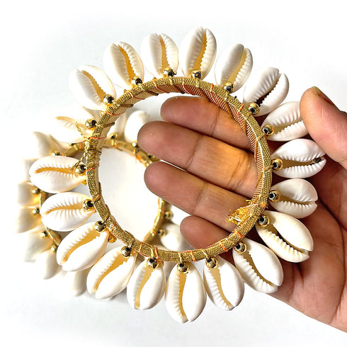 3 Inches Golden Color Kaudi Shells Bangle/Ring Set Of 2