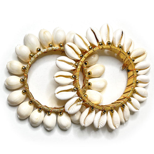 3 Inches Golden Color Kaudi Shells Bangle/Ring Set Of 2