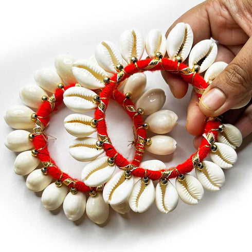 3 Inches Red Color Kaudi Shells Bangle/Ring Set Of 2