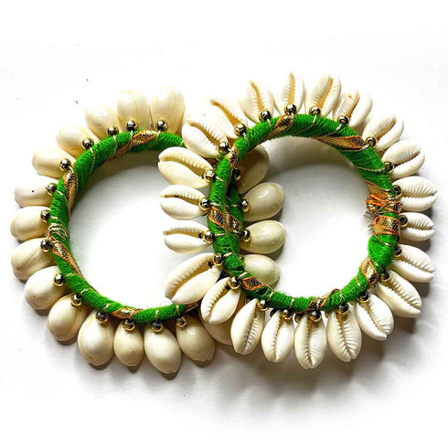 3 Inches Green Color Kaudi Shells Bangle/Ring Set Of 2