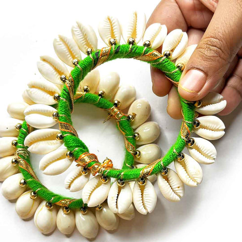 3 Inches Green Color Kaudi Shells Bangle/Ring Set Of 2