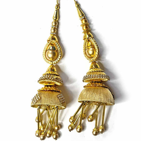 Beige Silk Thread Cone With Glass Pipe Ethnic Work Latkan Hanging Set Of 2