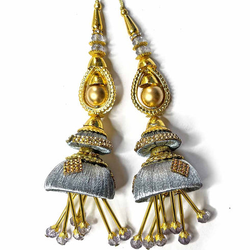 Grey Silk Thread Cone With Glass Pipe Ethnic Work Latkan Hanging Set Of 2