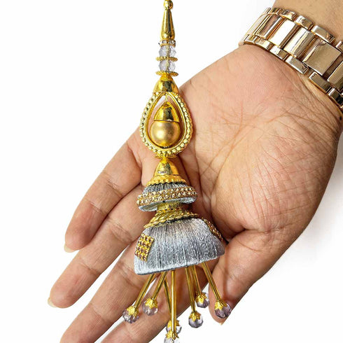 Grey Silk Thread Cone With Glass Pipe Ethnic Work Latkan Hanging Set Of 2