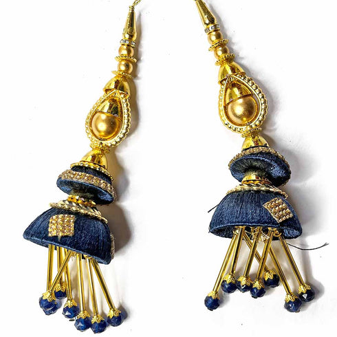 Dark Blue Silk Thread Cone With Glass Pipe Ethnic Work Latkan Hanging Set Of 2