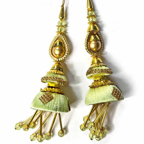Pista Green Silk Thread Cone With Glass Pipe Ethnic Work Latkan Hanging Set Of 2