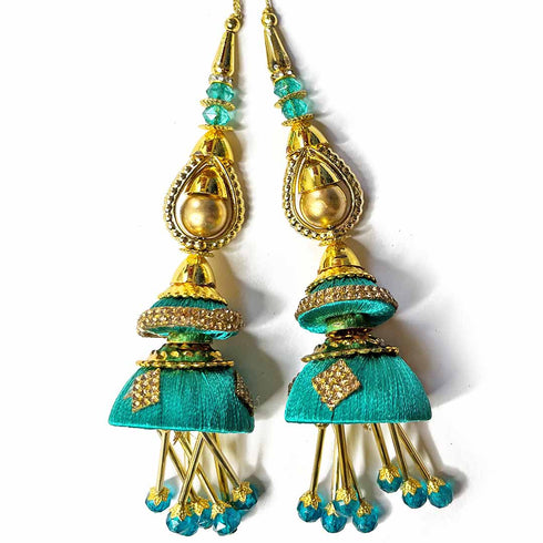 Teal Green Silk Thread Cone With Glass Pipe Ethnic Work Latkan Hanging Set Of 2