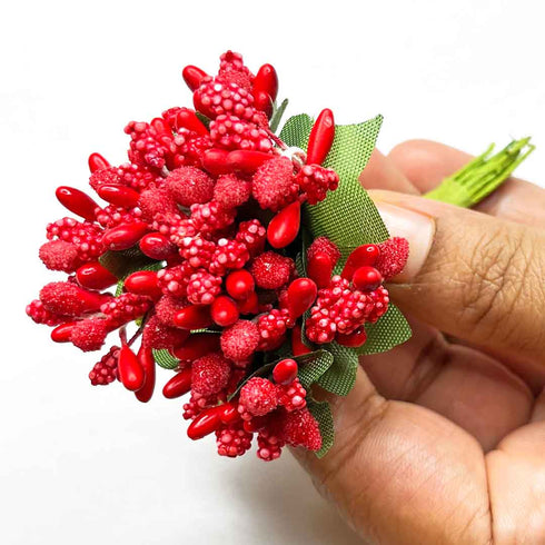 Red Artificial Pollen Flower Set Of 4 Bunch