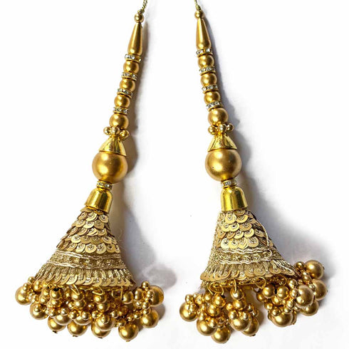 Golden Color Cone Style Ethnic Work Latkan Hanging Set Of 2