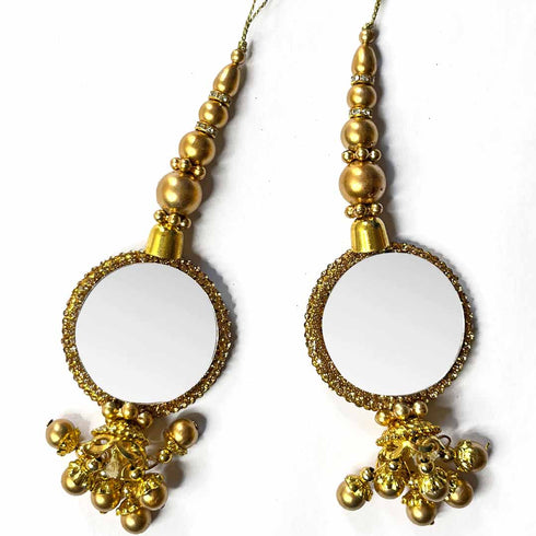Golden Color Work With Mirror Ethnic Style Latkan Hanging Set Of 2