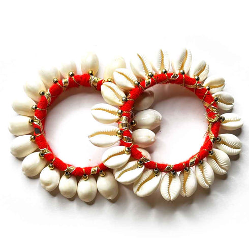 3 Inches Red Color Kaudi Shells Bangle/Ring Set Of 2