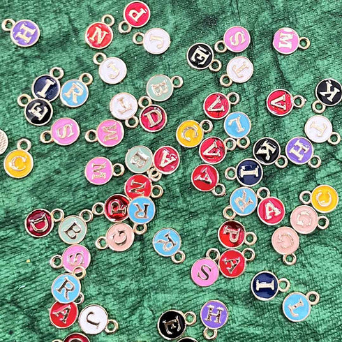 Multicolor With Golden Alphabet Round Shape Metal Charms Set Of 20