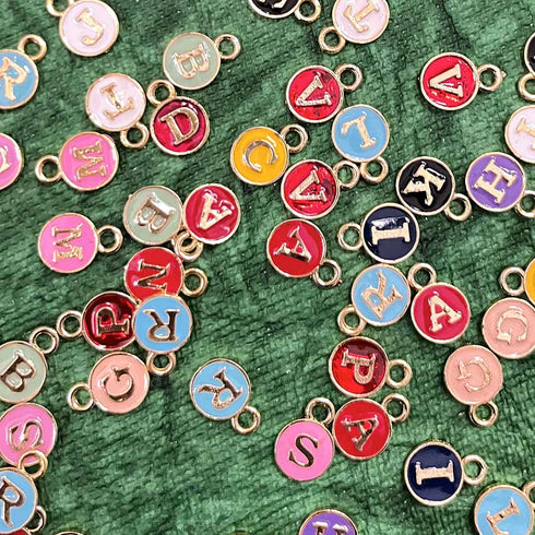 Multicolor With Golden Alphabet Round Shape Metal Charms Set Of 20