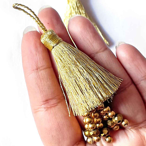 Golden Color Thread Tassels With Beads Set Of 2
