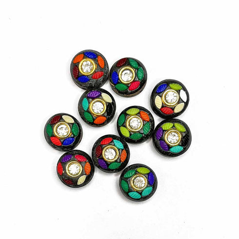 Wodden Round Shape Multicolored Lakh Work Button Set Of 10