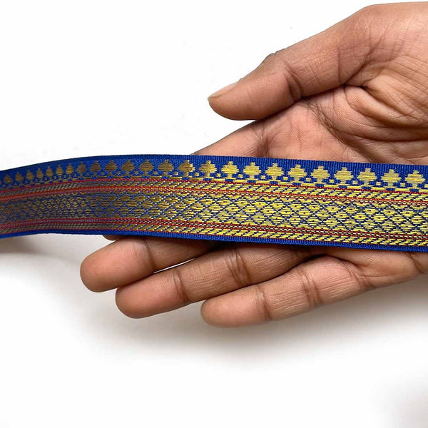 1 Inch-( 5 mtr ) Lace | Blue & Golden Lace | Zari Color Weaving Border | Zari Color | Art Craft | Online Craft | Hobby Craft | Craft Material | Craft Shop India | Craft Store Online | Handemade | Indian decoration | Craft Making | Project Making | Wedding Decoration