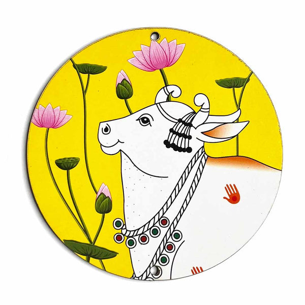 Yellow Pichwai Cow With Lotus Mdf | Craft Shop India | Craft Shop | lotus Flower | Cow With Mdf | MDF Cutouts | Lotus MDF | Craft Shop India