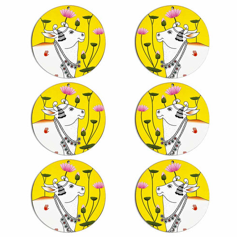 Yellow Pichwai Cow With Lotus Mdf