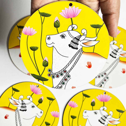 Yellow Pichwai Cow With Lotus Mdf