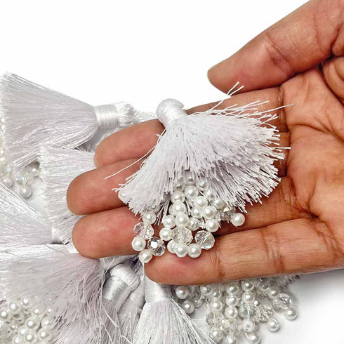 tassels | Online tassels in India | best Price tassels | White Color Tassels | Thread Tassels | Tassels With zari Work | Tassels With Beads Set of 2 | Resham Work tassels | Craft Making | Dress Making | Suit Design | Sharee making | Decoration | Indian Women | Indian Art | Craft Shop India