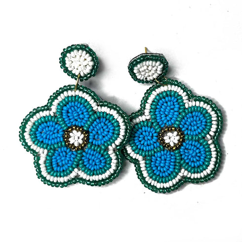 Blue & Green Color Flower Shape Earrings | Earrings | Fliower Shape Balli | Green Color & Multi Color Earrings | Online Craft | Tradition | Indian Art | Craft Store | Decoration Essentials | Craft Shop India