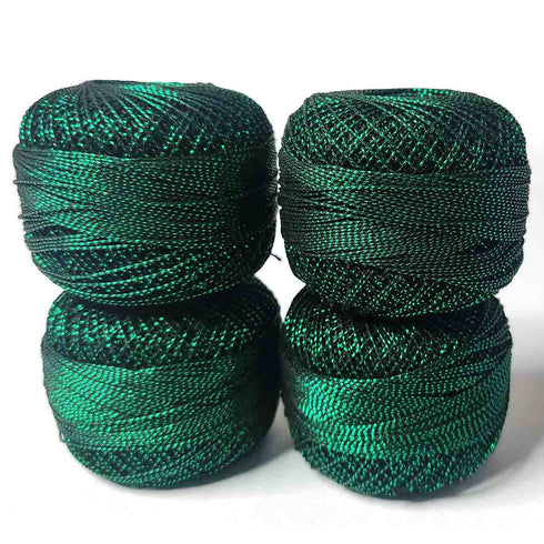 Metallic Dark Green Cotton Crochet Thread Balls for Knitting, Weaving, Embroidery and Craft Making